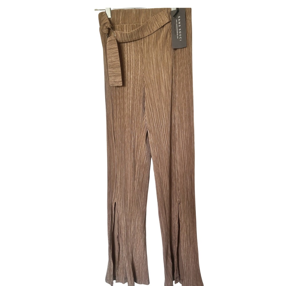 Sans Souci Womens Pleated Wide Leg Pants High Rise Side Slit Belted GSP1006 S